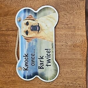 Knock Once Bark Twice Wood Bone-Shaped Sign - Yellow Lab